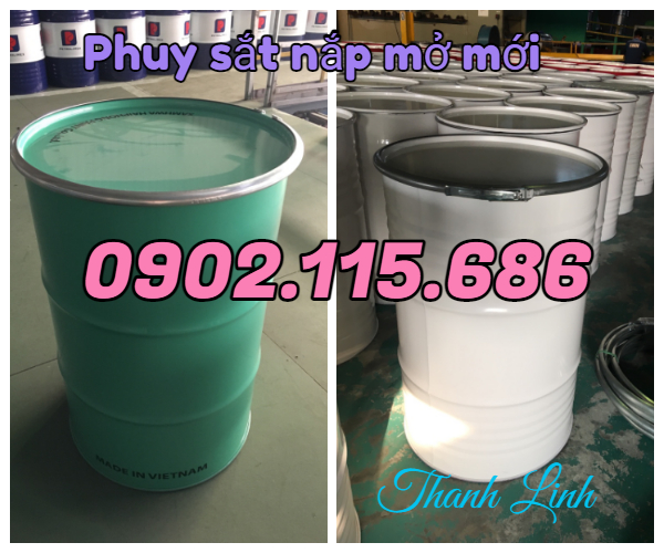 Thùng phuy sắt nắp mở loại mới, thùng phuy sắt mới 220L, thùng phuy sắt có đai, thùng phuy