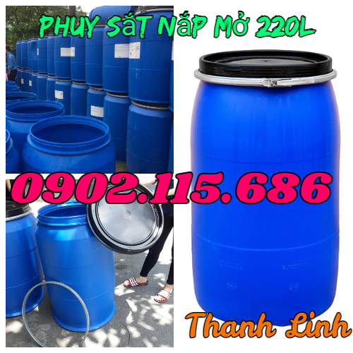 Thùng phuy nhựa 220L nắp mở , thùng phuy nhựa, thùng phuy nhựa có đai sắt,  thùng phuy nhự