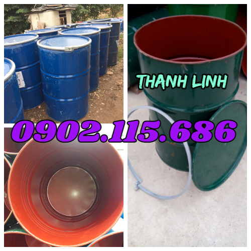 Thùng phuy sắt cũ 220 lít có đai niềng, phuy sắt nắp mở, thùng phuy sắt 220 lít nắp mở loạ