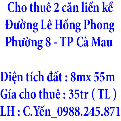 Cho thuê 2 căn liền kề 8x55m ,Phường 8, TP Cà Mau, Tỉnh Cà Mau