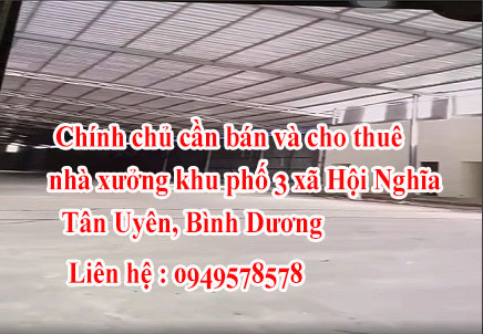 Chính chủ cần bán và cho thuê nhà xưởng khu phố 3 xã Hội Nghĩa, Tân Uyên, Bình Dương