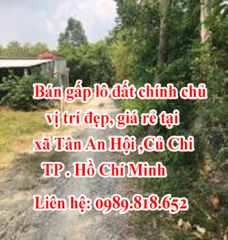 Bán gấp lô đất chính chủ, vị trí đẹp, giá rẻ tại: xã Tân An Hội ,Củ Chi, TP Hồ Chí Minh