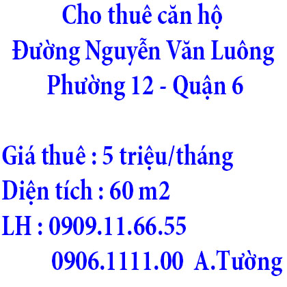 Cho thuê căn hộ ở Đường Nguyễn Văn Luông, Phường 12, Quận 6, Hồ Chí Minh