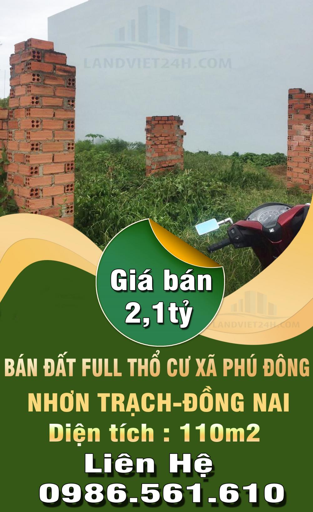 CHÍNH CHỦ TÔI CẦN BÁN ĐẤT FULL THỔ CƯ XÃ PHÚ ĐÔNG -NHƠN TRẠCH-ĐỒNG NAI