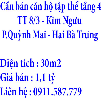 Cần bán căn hộ tập thể tầng 4 TT 8/3, Kim Ngưu, P. Quỳnh Mai, Hai Bà Trưng