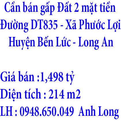 Cần bán gấp Đất 2 mặt tiền hẻm chợ long an. Xã Phước Lợi, Huyện Bến Lức, Long An