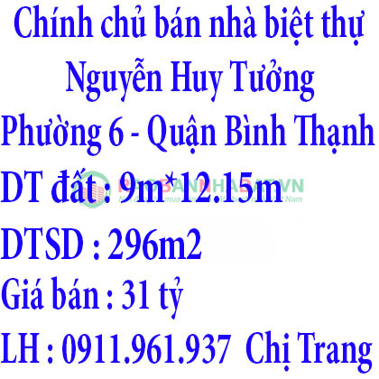 Chính chủ bán nhà biệt thự Nguyễn Huy Tưởng -14/1 – Phường 6 - Quận Bình Thạnh – TPHCM