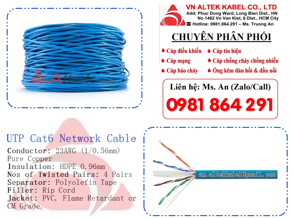 Cáp mạng ngoài trời UTP Cat6 hàng nhập khẩu nguyên cuộn