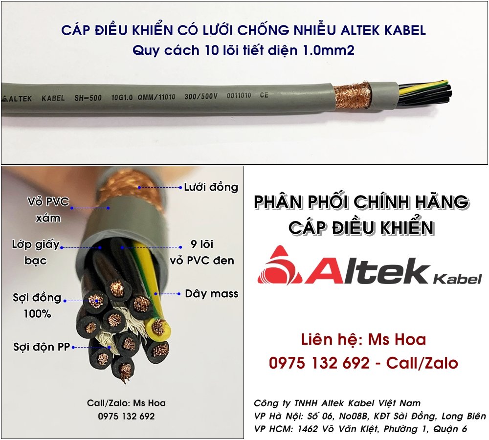 Cáp tín hiệu/Cáp điều khiển 10x0.5, 10x0.75, 10x1.0, 10x1.5mm2 hàng sẵn – Toàn quốc