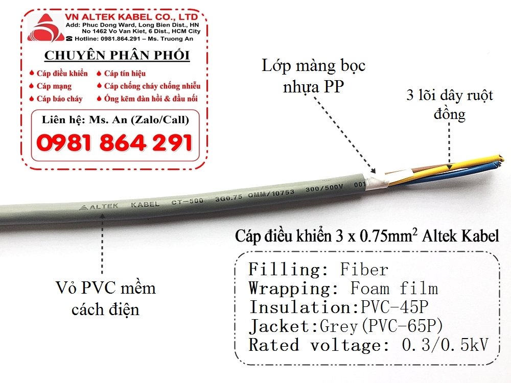 Cáp điều khiển lõi đồng mềm 3 lõi 3x0.5, 3x0.75, 3x1.0, 3x1.5 Altek Kabel