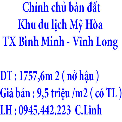 Chính chủ bán đất đường mặt tiền lộ 30m Khu du lịch Mỹ Hòa thuộc TX Bình Minh, Vĩnh Long