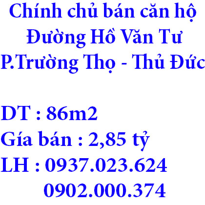 Chính chủ bán căn hộ  86m2 3 PN, Phường Trường Thọ, Quận Thủ Đức, Tp Hồ Chí Minh