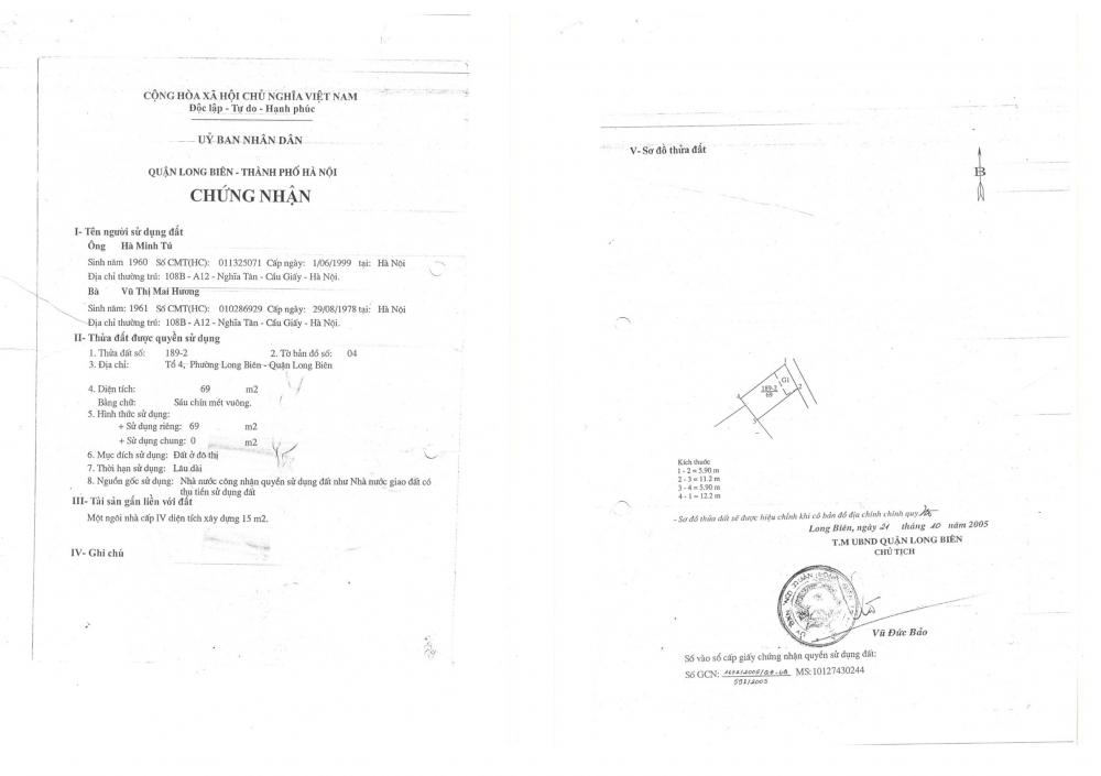 Chính chủ bán đất tại số 62 ngõ 26 Tư Đình, Phường Long Biên, Quận Long Biên, Hà Nội giá