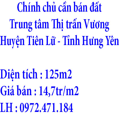 Chính chủ cần bán đất ở Trung tâm Thị trấn Vương, Huyện Tiên Lữ, Tỉnh Hưng Yên