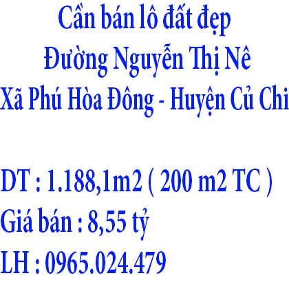 Cần bán lô đất đẹp có DT 1.188,1 m2 trong đó có 200 m2 thổ cư nằm ở Đường Nguyễn Thị Nê,