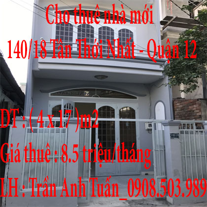 Cho thuê nhà mới 140/18 Tân Thới Nhất Quận 12 TP HCM