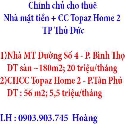 Chính chủ cho thuê Nhà mặt tiền + Chung cư Topaz Home 2 Tp Thủ Đức