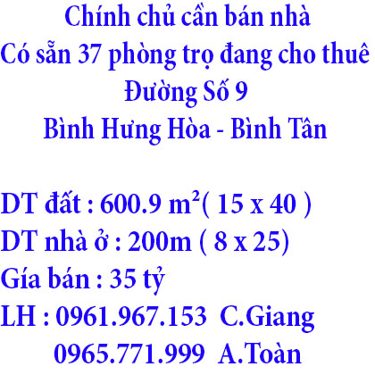 Chính chủ cần bán nhà có sẵn 37 phòng trọ đang cho thuê Phường Bình Hưng Hòa, Quận Bình