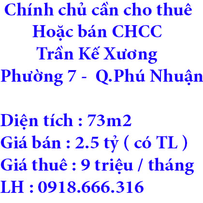 Chính chủ cần cho thuê hoặc bán căn hộ  504B-  Lầu 5  chung cư Lô B, 246/1 Trần Kế Xương,