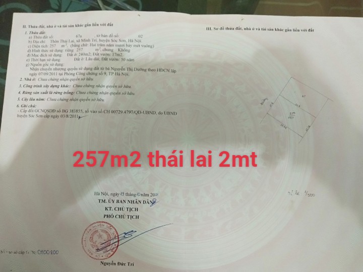 Em chính chủ bán lô góc 257m2 Tại Thôn Thái Lai. Xã Minh Trí, Huyện Sóc Sơn Hà Nội.