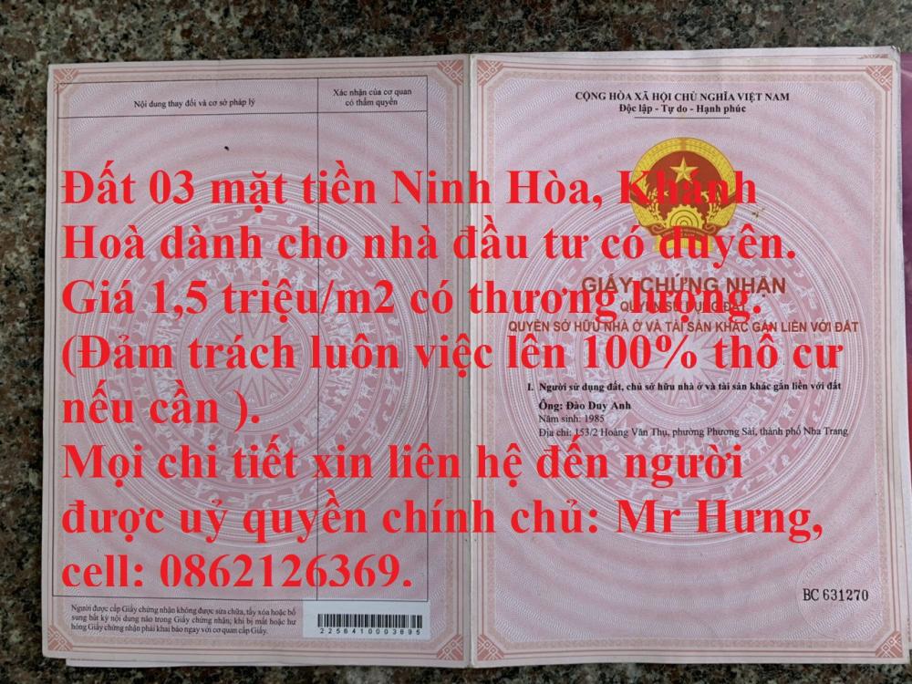 Đất 03 mặt tiền Ninh Hòa, Khánh Hoà dành cho nhà đầu tư có duyên.