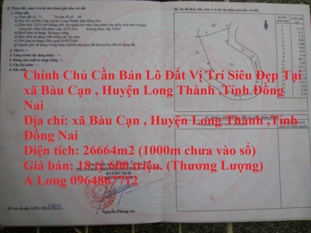 Chính Chủ Cần Bán Lô Đất Vị Trí Siêu Đẹp Tại xã Bàu Cạn , Huyện Long Thành ,Tỉnh Đồng Nai