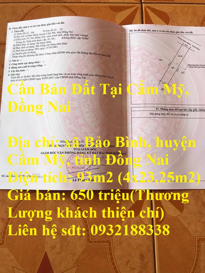 Cần Bán Đất Tại Cẩm Mỹ, Đồng Nai