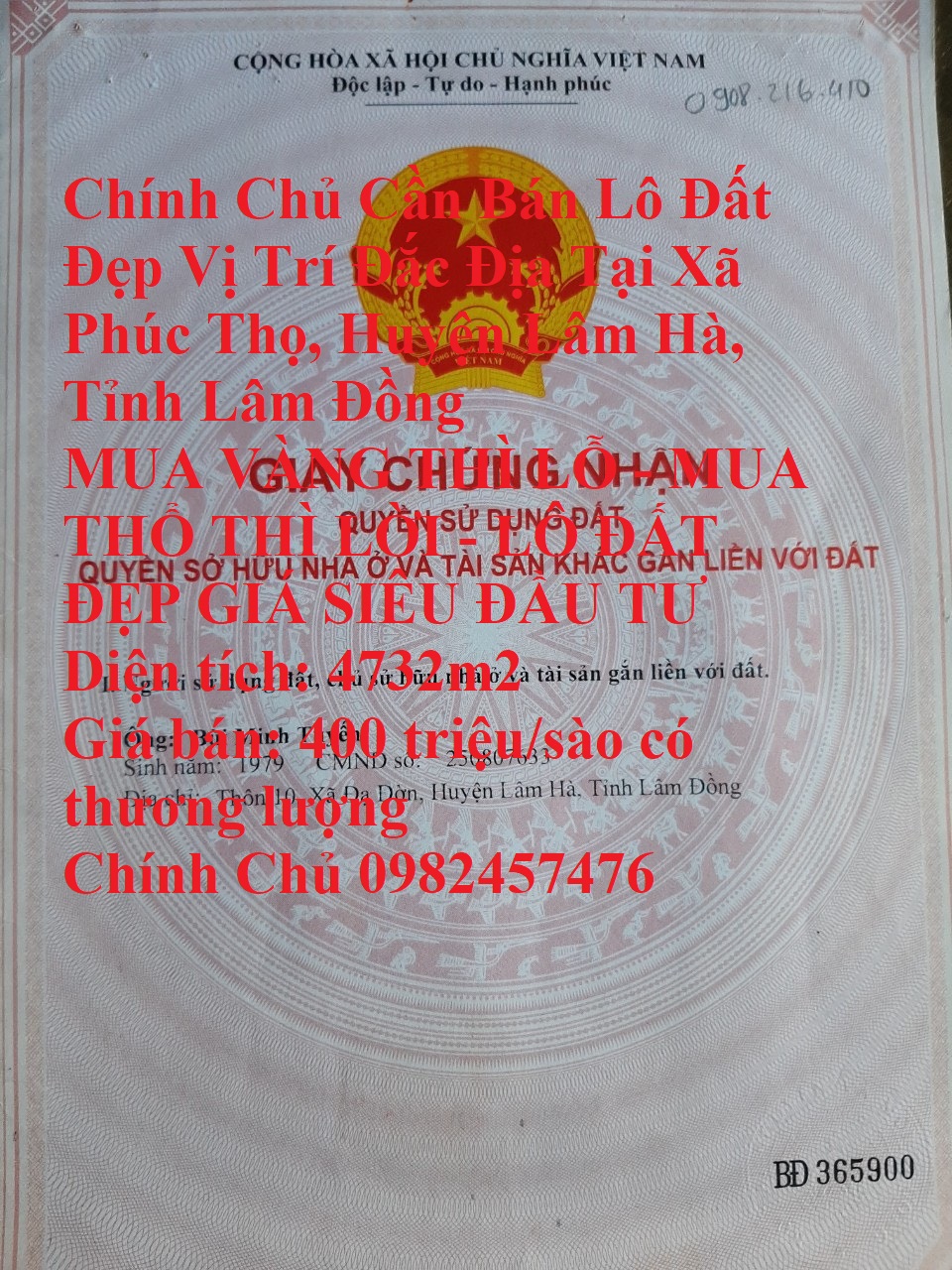 Chính Chủ Cần Bán Lô Đất Đẹp Vị Trí Đắc Địa Tại Xã Phúc Thọ, Huyện Lâm Hà, Tỉnh Lâm Đồng