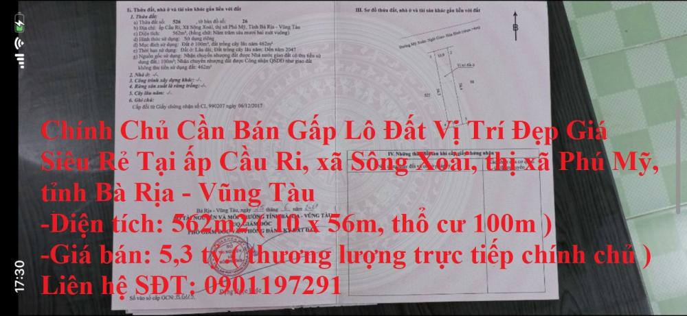 Chính Chủ Cần Bán Gấp Lô Đất Vị Trí Đẹp Giá Siêu Rẻ Tại Thị Xã Phú Mỹ, Tỉnh Bà Rịa - Vũng