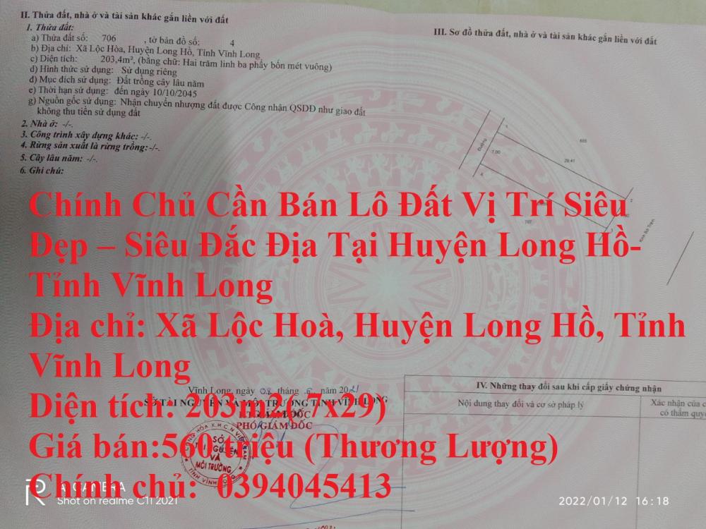 Chính Chủ Cần Bán Lô Đất Vị Trí Siêu Đẹp – Siêu Đắc Địa Tại Huyện Long Hồ-Tỉnh Vĩnh Long