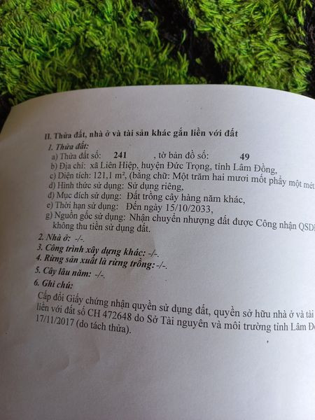 Chính chủ cần bán nhanh lô đất xã Liên Hiệp, Huyện Đức TRọng, Lâm Đồng