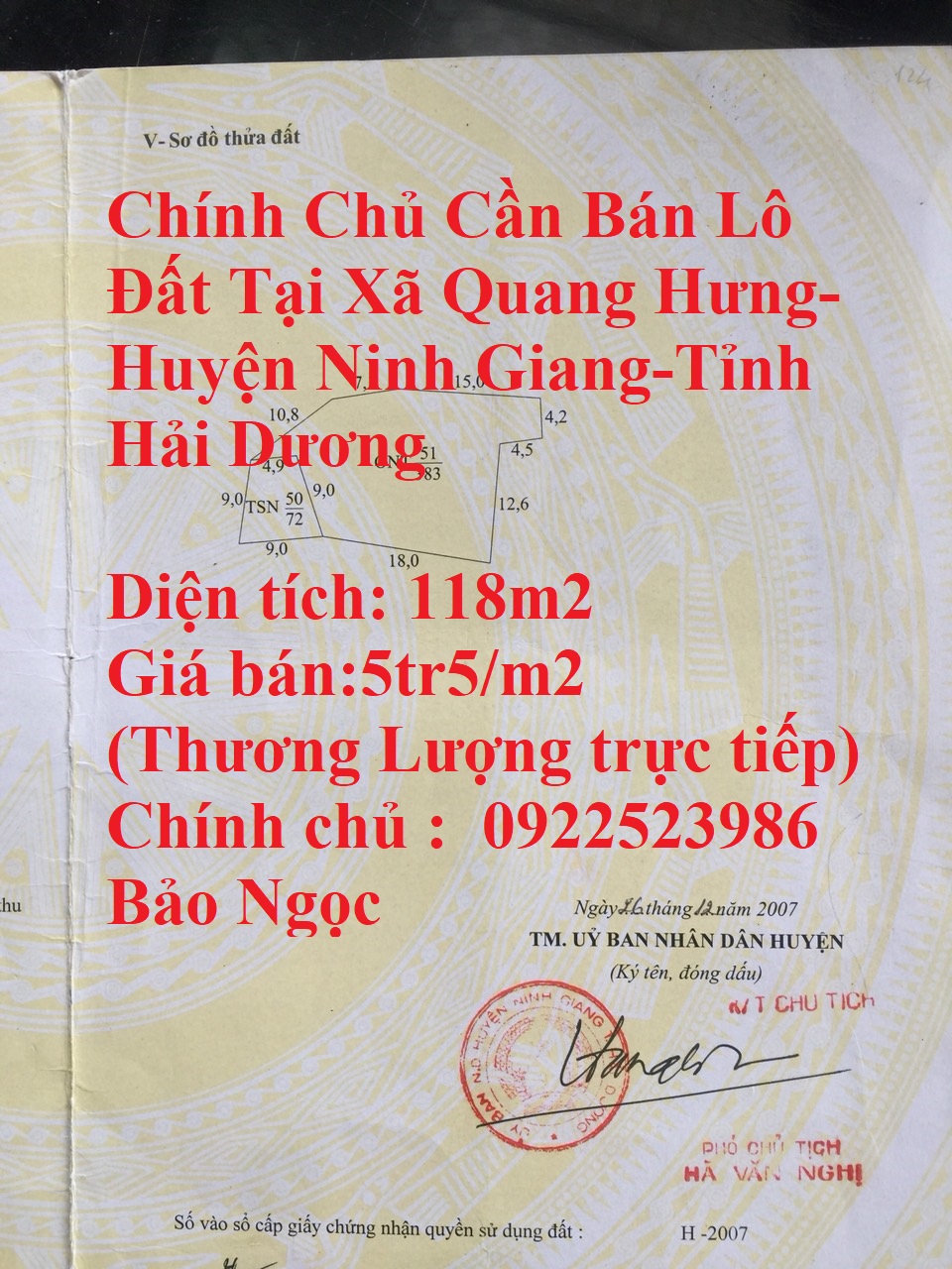 Chính Chủ Cần Bán Lô Đất Tại Xã Quang Hưng- Huyện Ninh Giang-Tỉnh Hải Dương