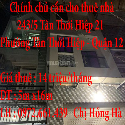 Chính chủ cần cho thuê nhà Phường Tân Thới Hiệp, Quận 12, TPHCM