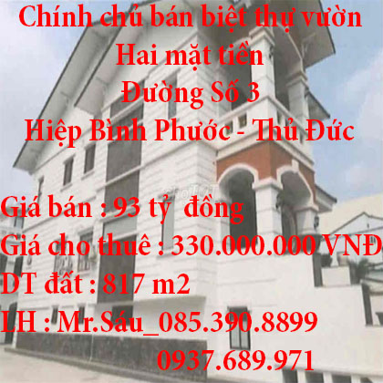 Chính chủ bán biệt thự vườn hai mặt tiền Đường Số 3, Phường Hiệp Bình Phước, Quận Thủ