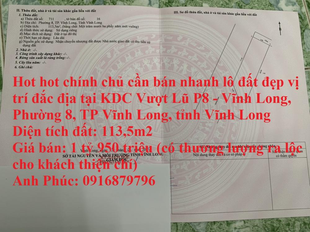 Hot hot chính chủ cần bán nhanh lô đất đẹp vị trí đắc địa tại TP Vĩnh Long, tỉnh Vĩnh Long