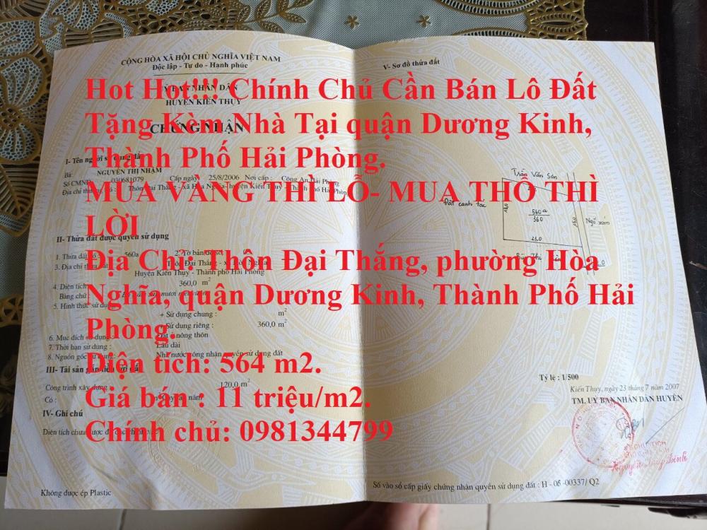 Hot Hot!!! Chính Chủ Cần Bán Lô Đất Tặng Kèm Nhà Tại quận Dương Kinh, Thành Phố Hải Phòng.