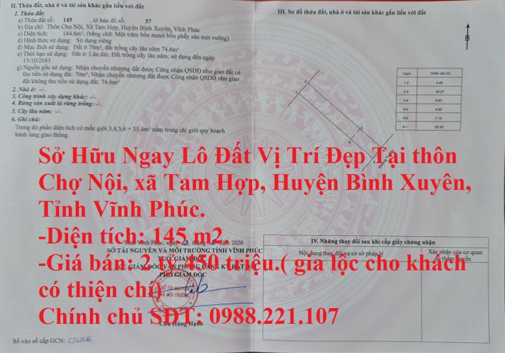 Sở Hữu Ngay Lô Đất Vị Trí Đẹp Tại Huyện Bình Xuyên, Tỉnh Vĩnh Phúc.