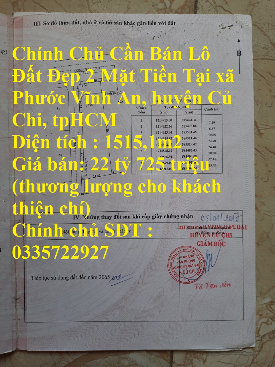 Chính Chủ Cần Bán Lô Đất Đẹp 2 Mặt Tiền Tại xã Phước Vĩnh An, huyện Củ Chi, tpHCM