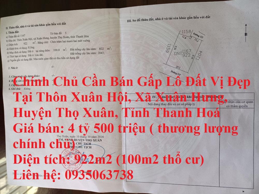 Chính Chủ Cần Bán Gấp Lô Đất Vị Đẹp Tại Huyện Thọ Xuân Thanh Hoá