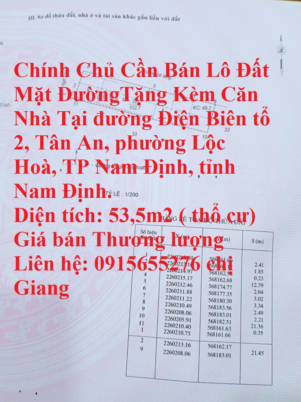 Chính Chủ Cần Bán Lô Đất Mặt ĐườngTặng Kèm Căn Nhà Tại Phường Lộc Hoà, TP Nam Định